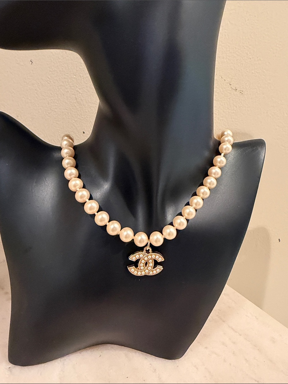 CHANEL Pearl Necklace with Gold CC Crystal Pendant